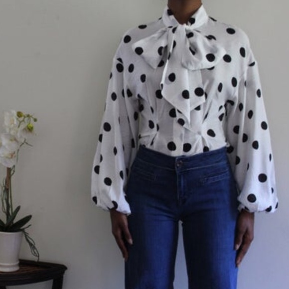 Tops - H&M black and white polka dot pussybow blouse
